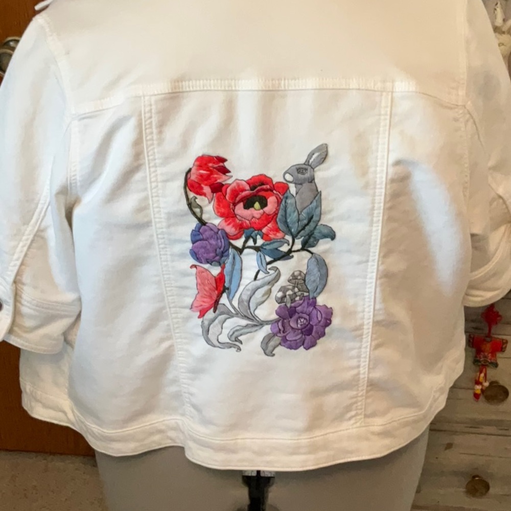 Hand Embroidered ONE WORLD Jean Jacket with Floral Design